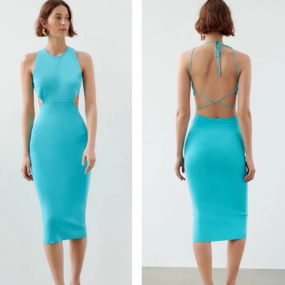 Zara Blue Open Back Cut Out Midi Dress Size Large